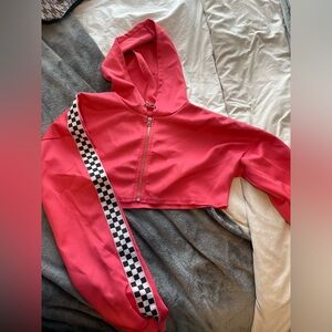 Trendy Pink Cropped Hoodie with Checkered Sleeve